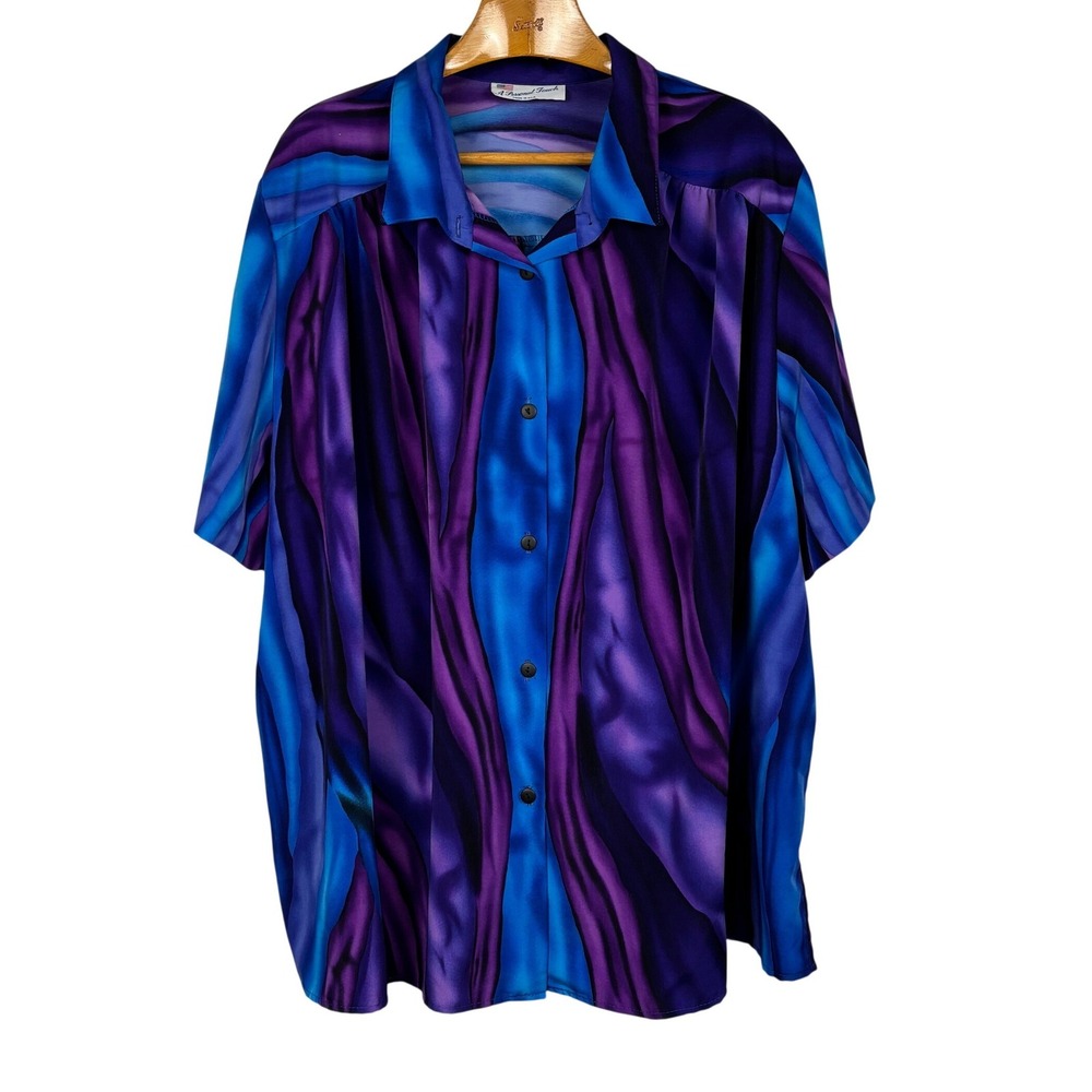 Vintage A Personal Touch USA Plus Blouse Purple Blue Abstract Button Front 4X